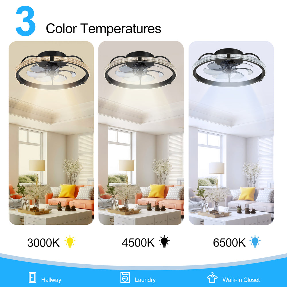20" Low Profile Flush Mount Ceiling Fans with Lights, Modern Small Caged Ceiling Fan Remote Control, Reversible DC Motor, Fandelier Ceiling Fan Light for Bedroom Living Room Home