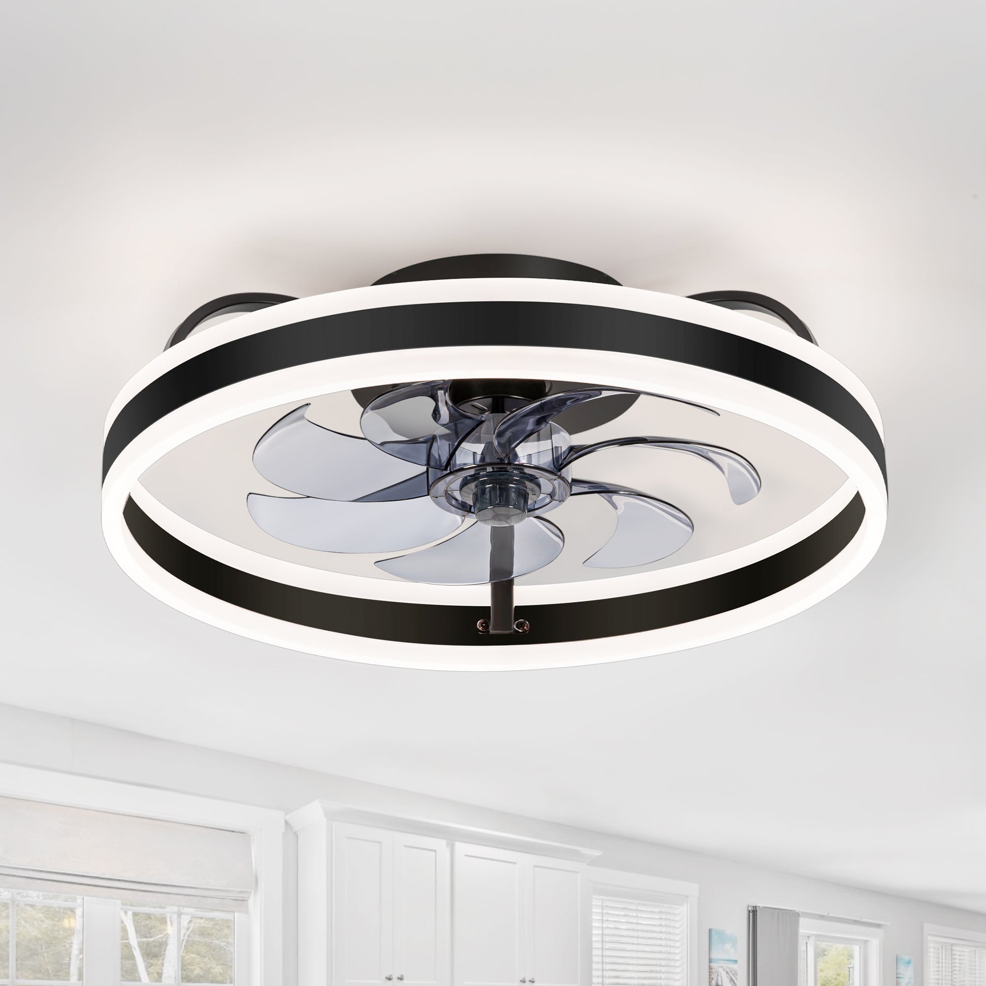 Liron compact enclosed flush mount ceiling fan with light installed indoors