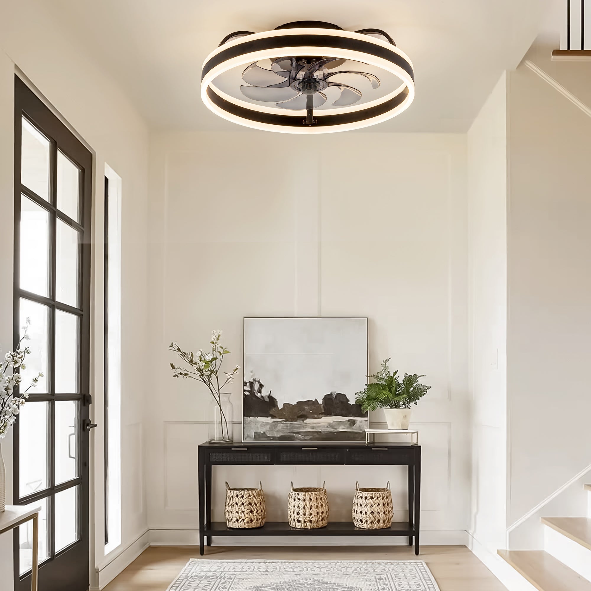 Liron 20-inch black small flush mount ceiling fan with LED light installed indoors