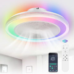 20" Bladeless Ceiling Fans with Lights, Enclosed Smart RGB Ceiling Fan with APP Remote Control, Low Profile Fandelier Flush Mount Ceiling Fan