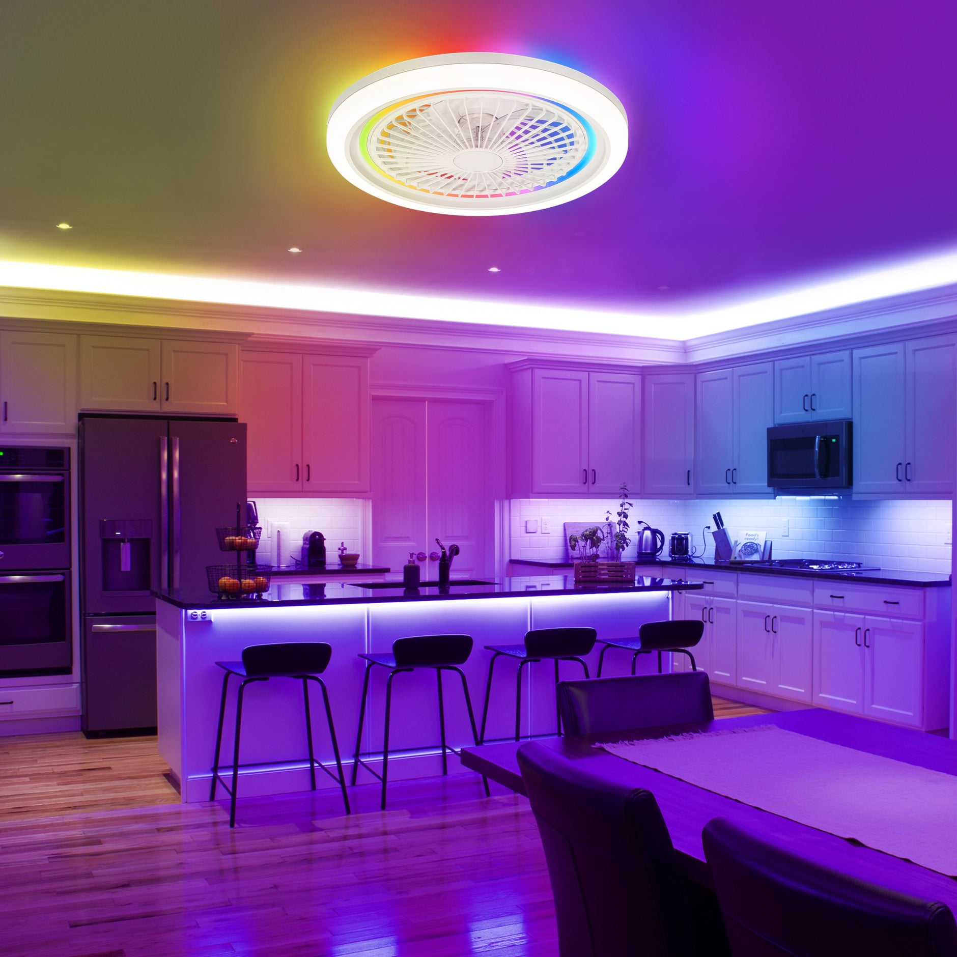 White smart low profile ceiling fan with light in a bright bedroom