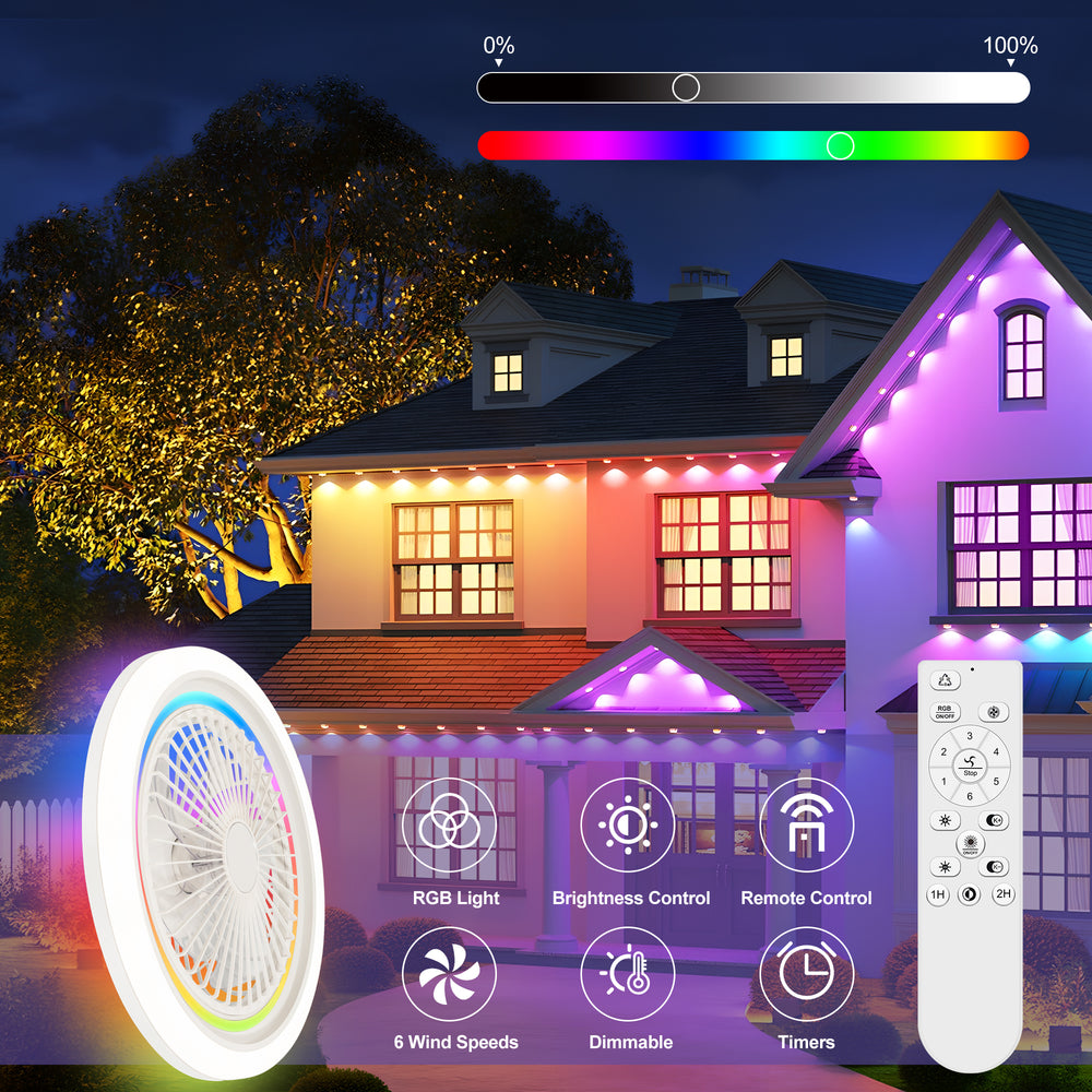 19-in Modern Smart RGB Flush Mount Ceiling Fan with Dimmable Light(5-Blade)