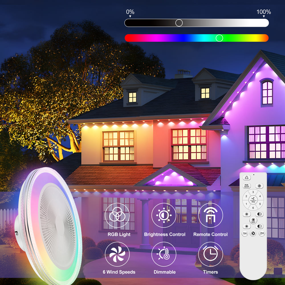 20-in Modern Smart RGB Flush Mount Ceiling Fan with Dimmable Light(5-Blade)