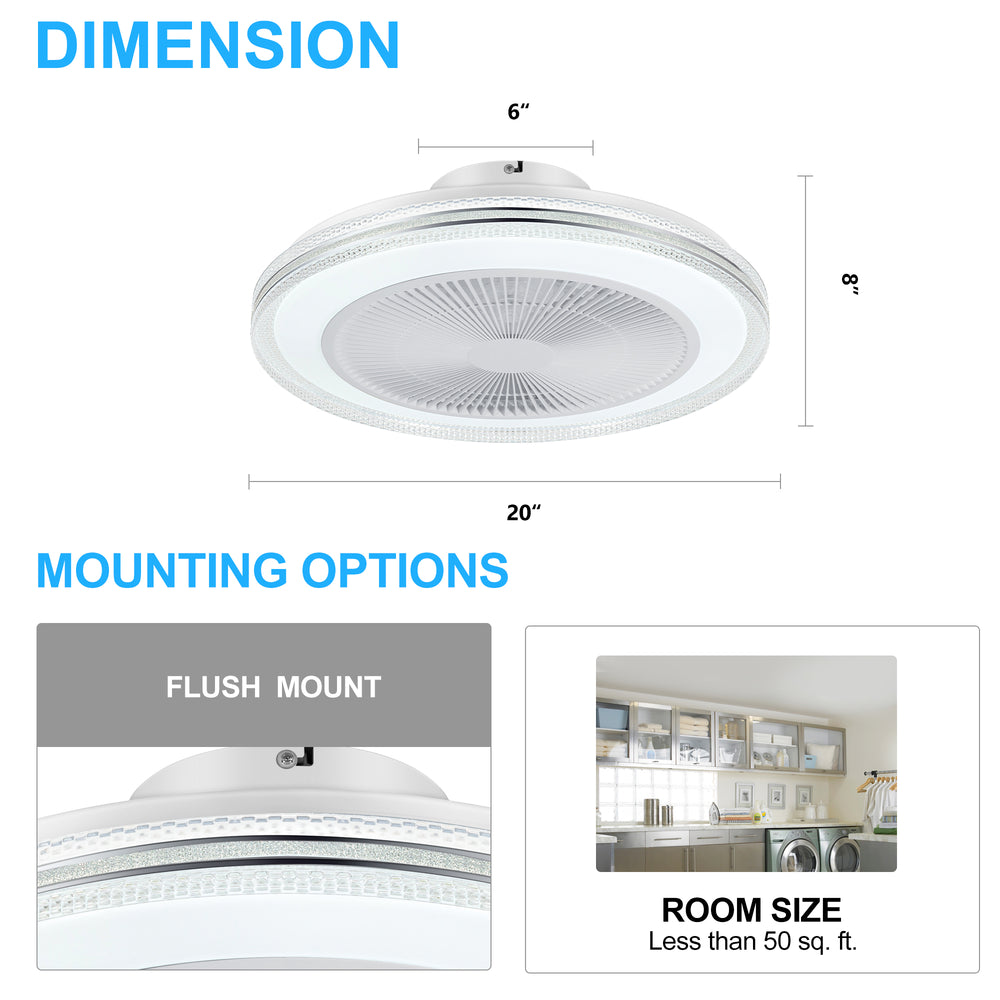 20-in Modern Smart RGB Flush Mount Ceiling Fan with Dimmable Light(5-Blade)