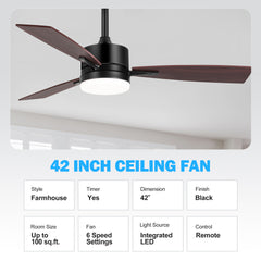 42 Inch 3-Blade LED Ceiling Fan with Light and Remote,5in and 10in Downrod included