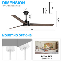 60 inch LED Ceiling Fan with Light and Remote-3-Blade