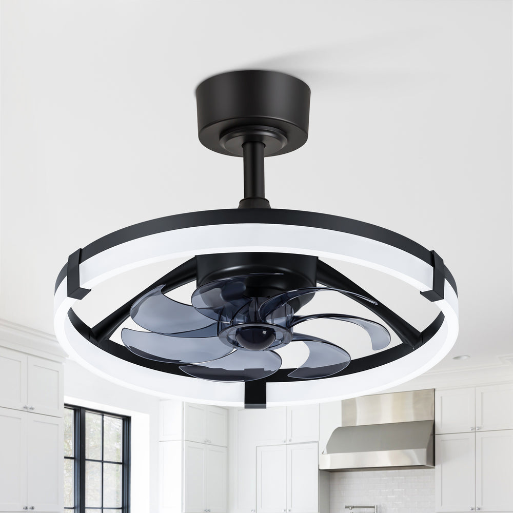 Black Caged Ceiling Fan with LED Light, 20/23 Inch Downrod-Mount Indoor Fan with 6/7 Blades, Quiet DC Motor, Dimmable LED with Memory, Remote Control, Modern Ceiling Fan for Bedroom, Living Room, Kitchen, Dining Room