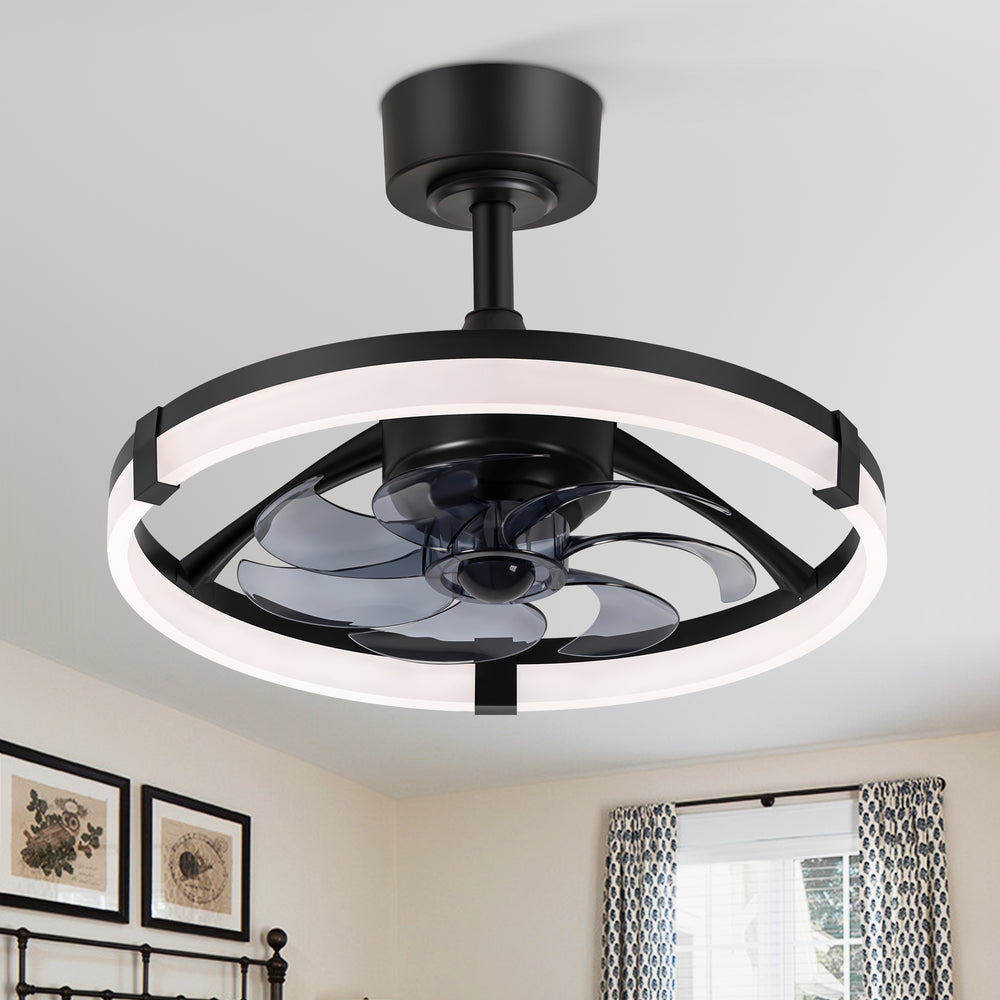Black Caged Ceiling Fan with LED Light, 20/23 Inch Downrod-Mount Indoor Fan with 6/7 Blades, Quiet DC Motor, Dimmable LED with Memory, Remote Control, Modern Ceiling Fan for Bedroom, Living Room, Kitchen, Dining Room