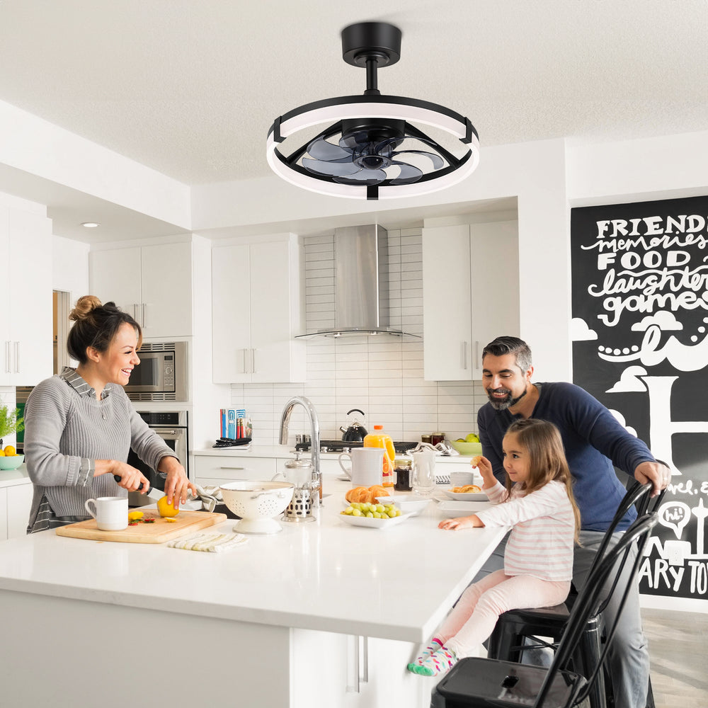 Black Caged Ceiling Fan with LED Light, 20/23 Inch Downrod-Mount Indoor Fan with 6/7 Blades, Quiet DC Motor, Dimmable LED with Memory, Remote Control, Modern Ceiling Fan for Bedroom, Living Room, Kitchen, Dining Room