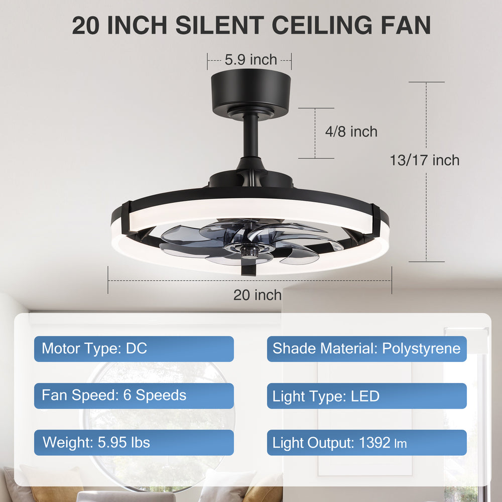 Black Caged Ceiling Fan with LED Light, 20/23 Inch Downrod-Mount Indoor Fan with 6/7 Blades, Quiet DC Motor, Dimmable LED with Memory, Remote Control, Modern Ceiling Fan for Bedroom, Living Room, Kitchen, Dining Room