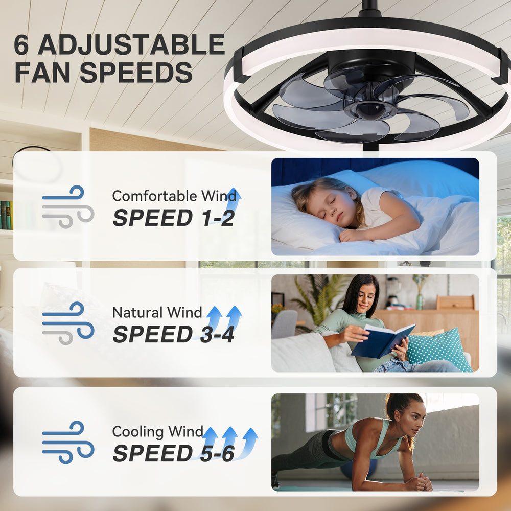 Black Caged Ceiling Fan with LED Light, 20/23 Inch Downrod-Mount Indoor Fan with 6/7 Blades, Quiet DC Motor, Dimmable LED with Memory, Remote Control, Modern Ceiling Fan for Bedroom, Living Room, Kitchen, Dining Room