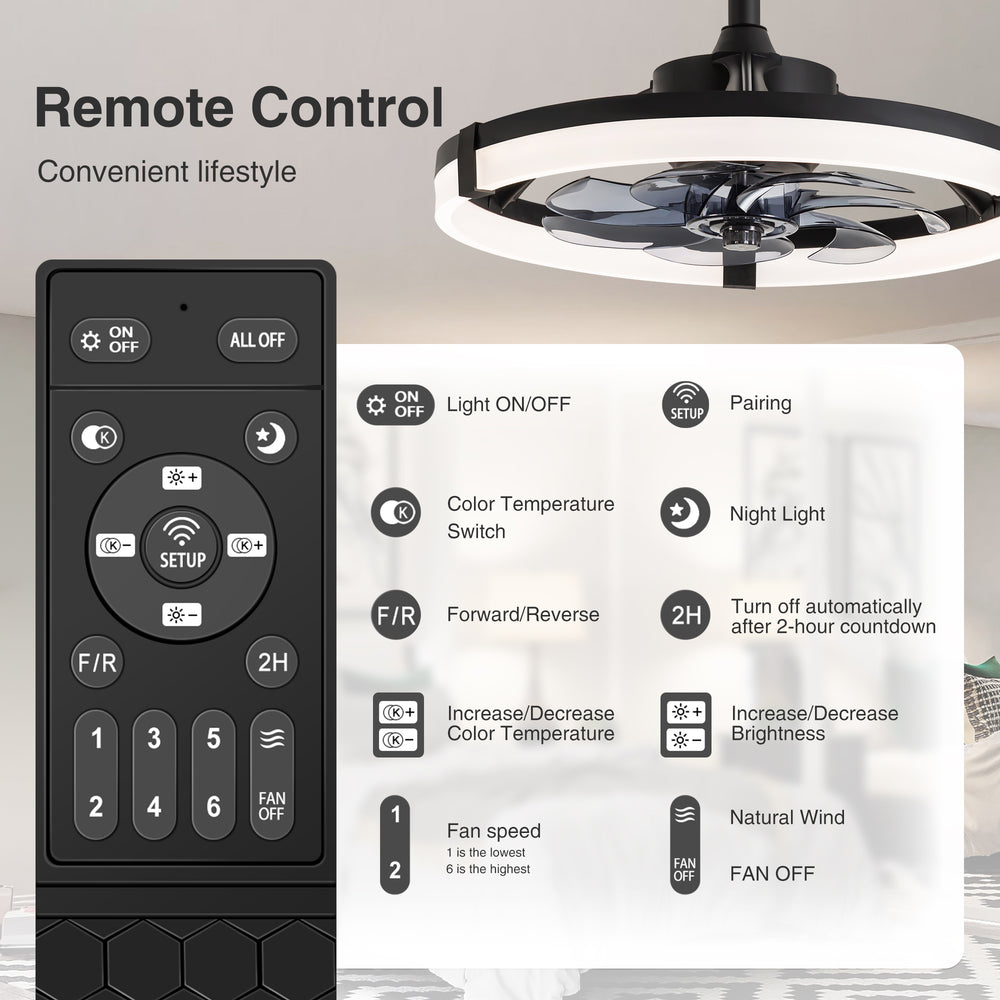 Black Caged Ceiling Fan with LED Light, 20/23 Inch Downrod-Mount Indoor Fan with 6/7 Blades, Quiet DC Motor, Dimmable LED with Memory, Remote Control, Modern Ceiling Fan for Bedroom, Living Room, Kitchen, Dining Room