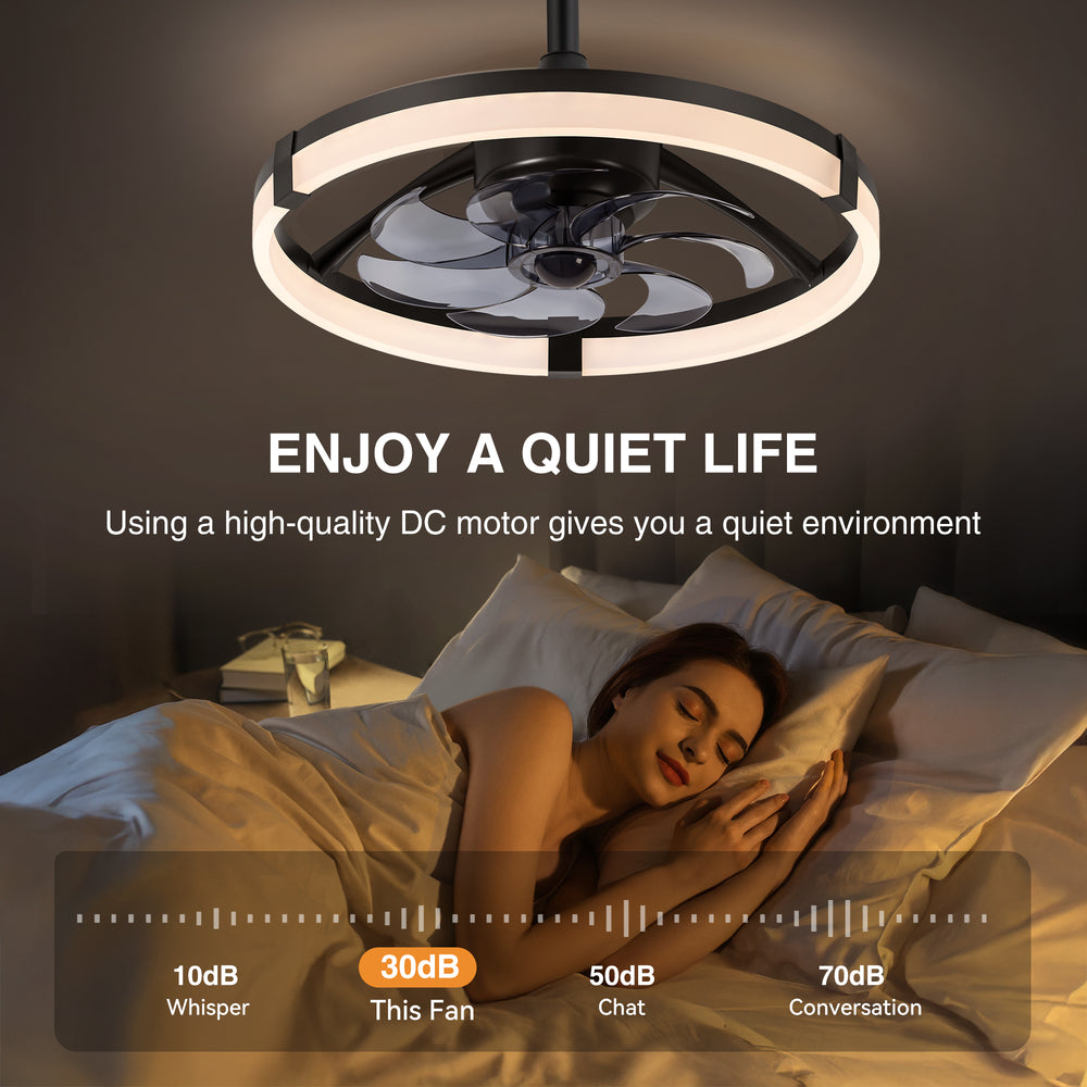 Black Caged Ceiling Fan with LED Light, 20/23 Inch Downrod-Mount Indoor Fan with 6/7 Blades, Quiet DC Motor, Dimmable LED with Memory, Remote Control, Modern Ceiling Fan for Bedroom, Living Room, Kitchen, Dining Room