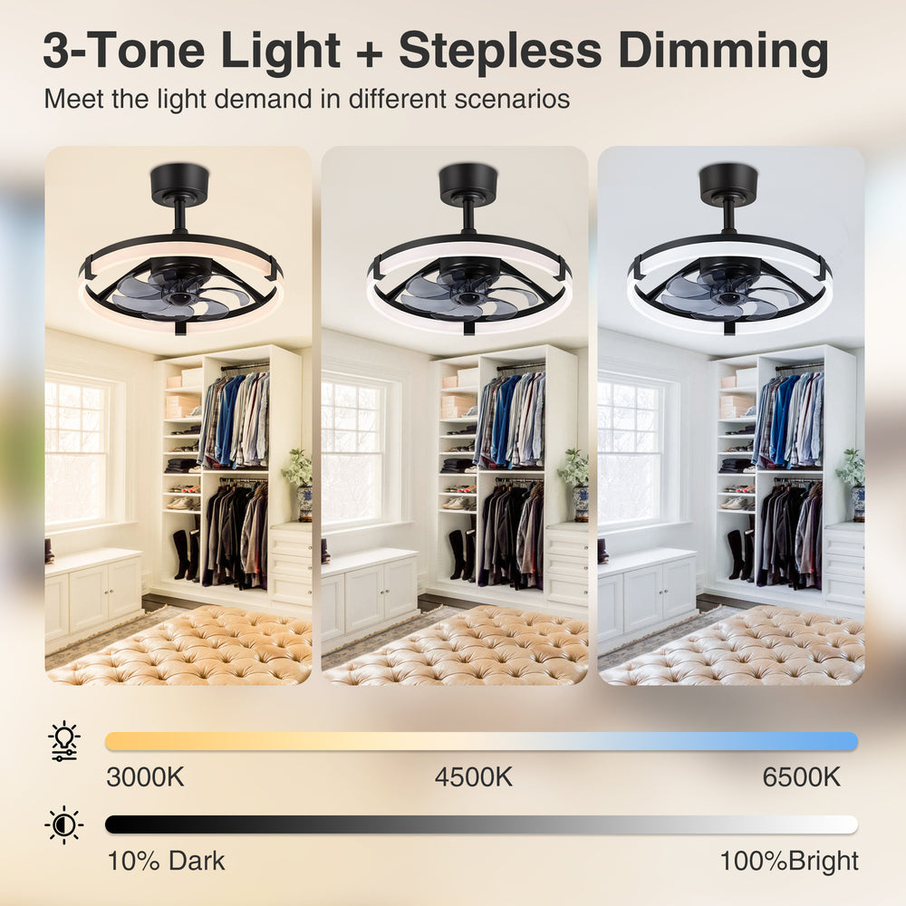 Black Caged Ceiling Fan with LED Light, 20/23 Inch Downrod-Mount Indoor Fan with 6/7 Blades, Quiet DC Motor, Dimmable LED with Memory, Remote Control, Modern Ceiling Fan for Bedroom, Living Room, Kitchen, Dining Room