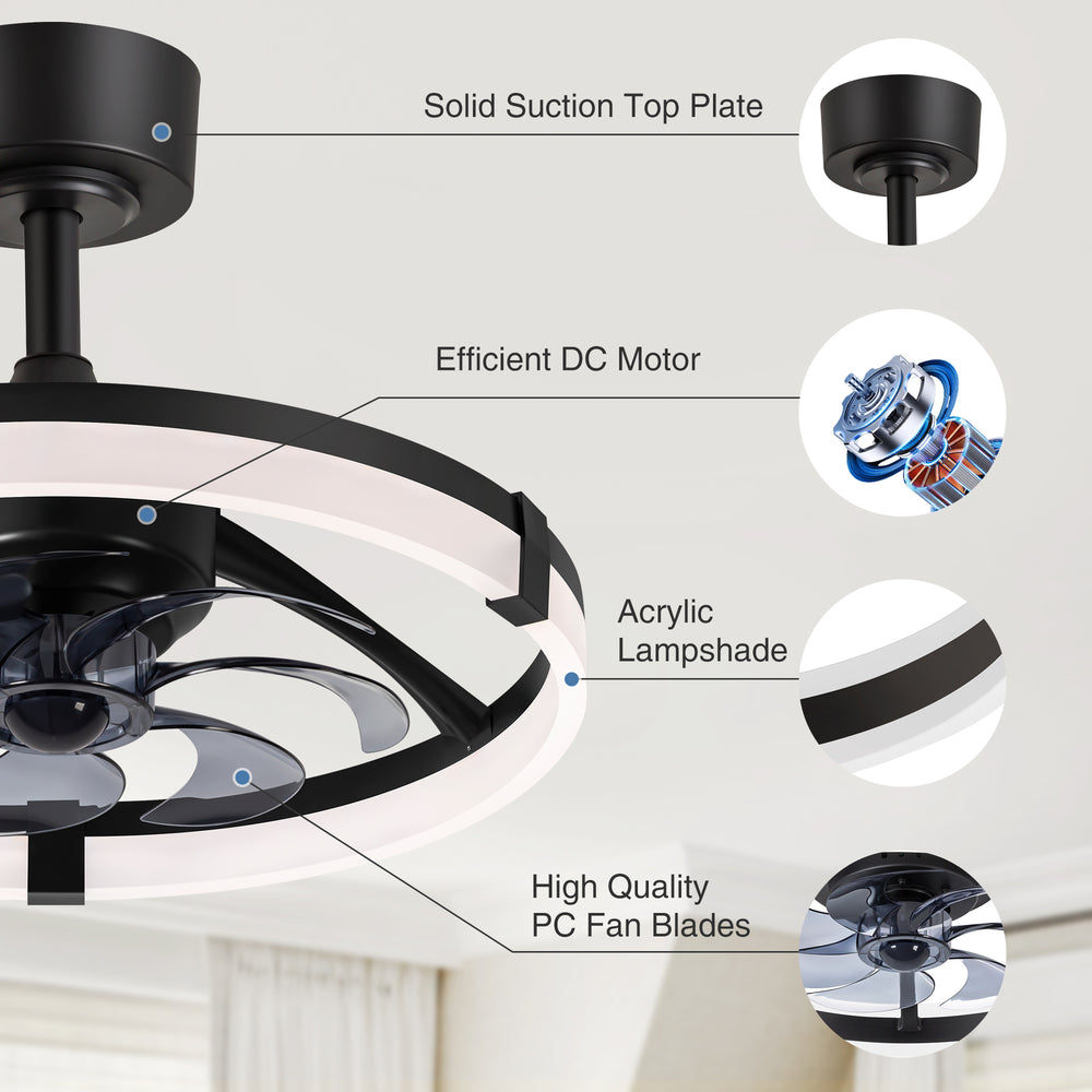 Black Caged Ceiling Fan with LED Light, 20/23 Inch Downrod-Mount Indoor Fan with 6/7 Blades, Quiet DC Motor, Dimmable LED with Memory, Remote Control, Modern Ceiling Fan for Bedroom, Living Room, Kitchen, Dining Room