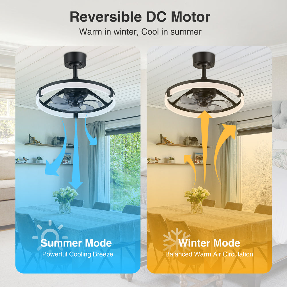 Black Caged Ceiling Fan with LED Light, 20/23 Inch Downrod-Mount Indoor Fan with 6/7 Blades, Quiet DC Motor, Dimmable LED with Memory, Remote Control, Modern Ceiling Fan for Bedroom, Living Room, Kitchen, Dining Room