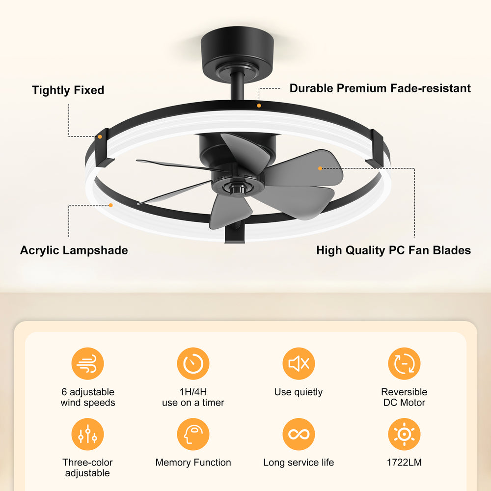 Black Caged Ceiling Fan with LED Light, 20/23 Inch Downrod-Mount Indoor Fan with 6/7 Blades, Quiet DC Motor, Dimmable LED with Memory, Remote Control, Modern Ceiling Fan for Bedroom, Living Room, Kitchen, Dining Room