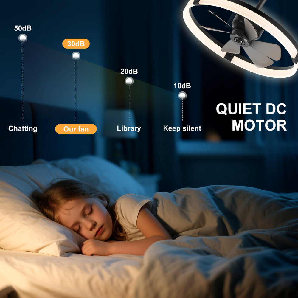 Black Caged Ceiling Fan with LED Light, 20/23 Inch Downrod-Mount Indoor Fan with 6/7 Blades, Quiet DC Motor, Dimmable LED with Memory, Remote Control, Modern Ceiling Fan for Bedroom, Living Room, Kitchen, Dining Room