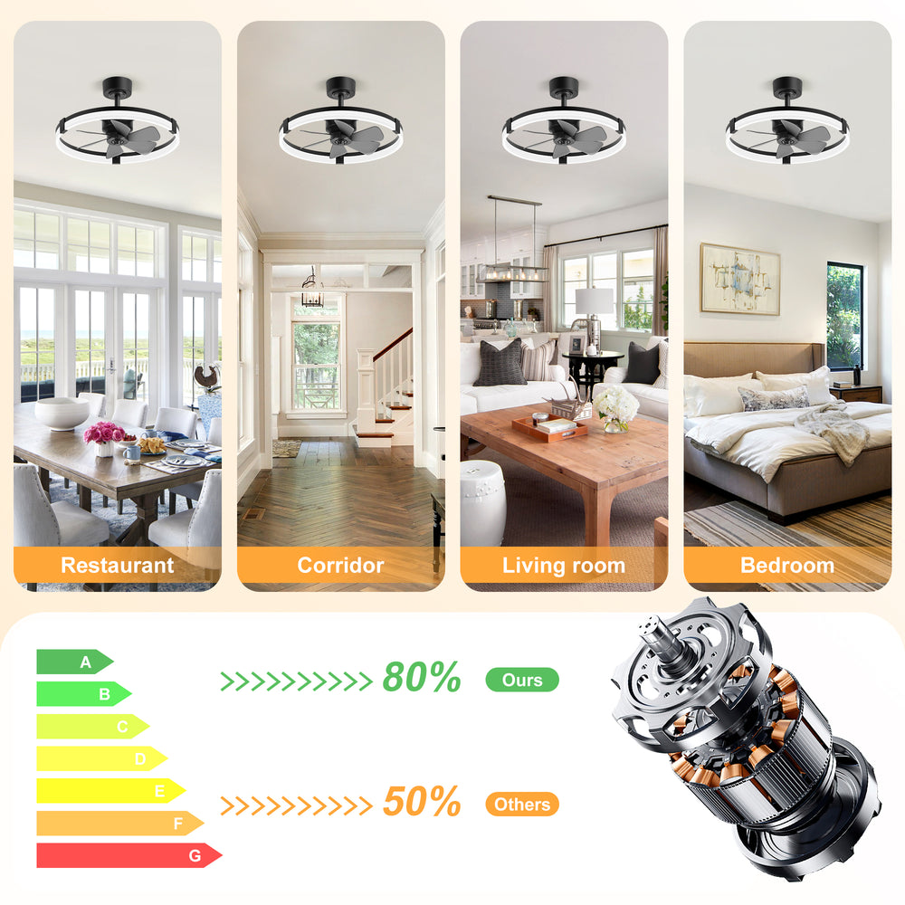 Black Caged Ceiling Fan with LED Light, 20/23 Inch Downrod-Mount Indoor Fan with 6/7 Blades, Quiet DC Motor, Dimmable LED with Memory, Remote Control, Modern Ceiling Fan for Bedroom, Living Room, Kitchen, Dining Room