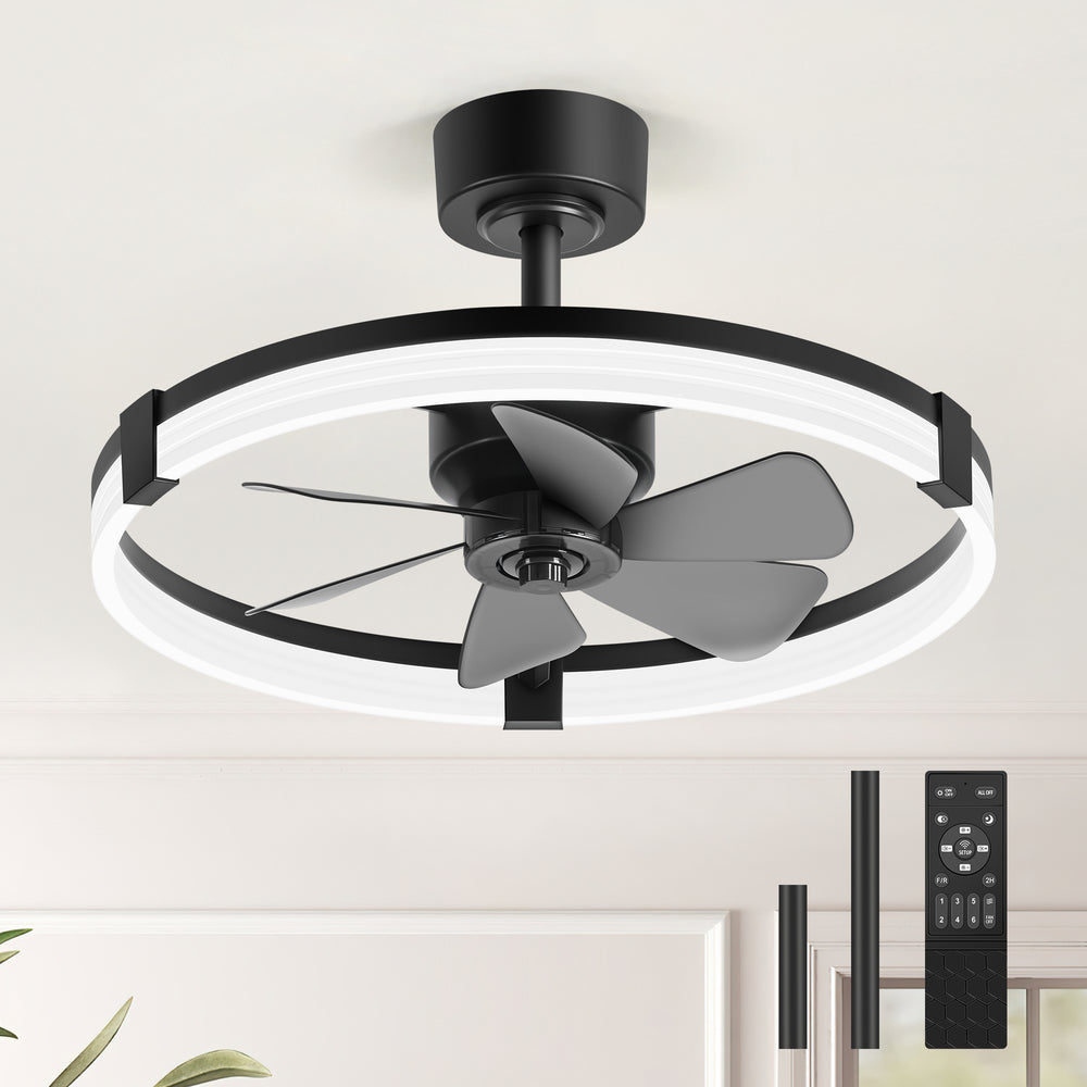 Black Caged Ceiling Fan with LED Light, 20/23 Inch Downrod-Mount Indoor Fan with 6/7 Blades, Quiet DC Motor, Dimmable LED with Memory, Remote Control, Modern Ceiling Fan for Bedroom, Living Room, Kitchen, Dining Room