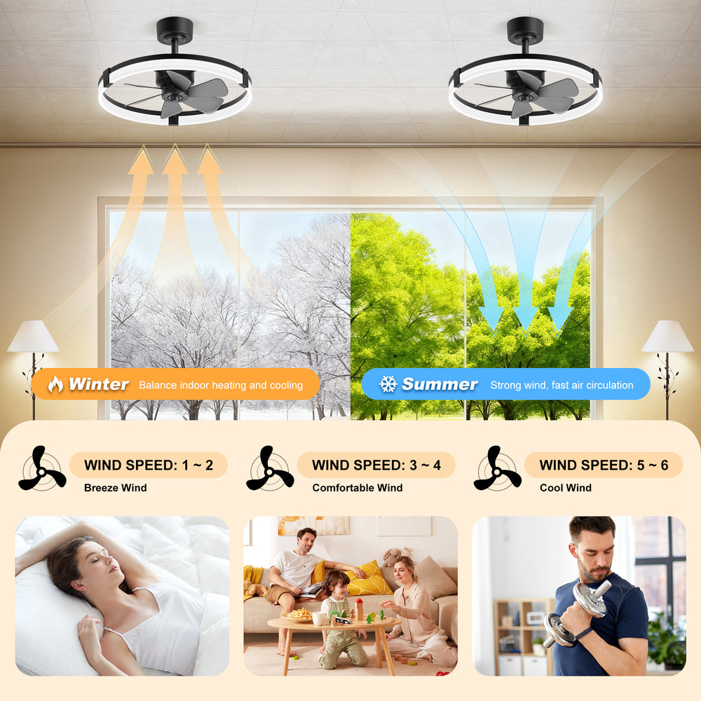 Black Caged Ceiling Fan with LED Light, 20/23 Inch Downrod-Mount Indoor Fan with 6/7 Blades, Quiet DC Motor, Dimmable LED with Memory, Remote Control, Modern Ceiling Fan for Bedroom, Living Room, Kitchen, Dining Room
