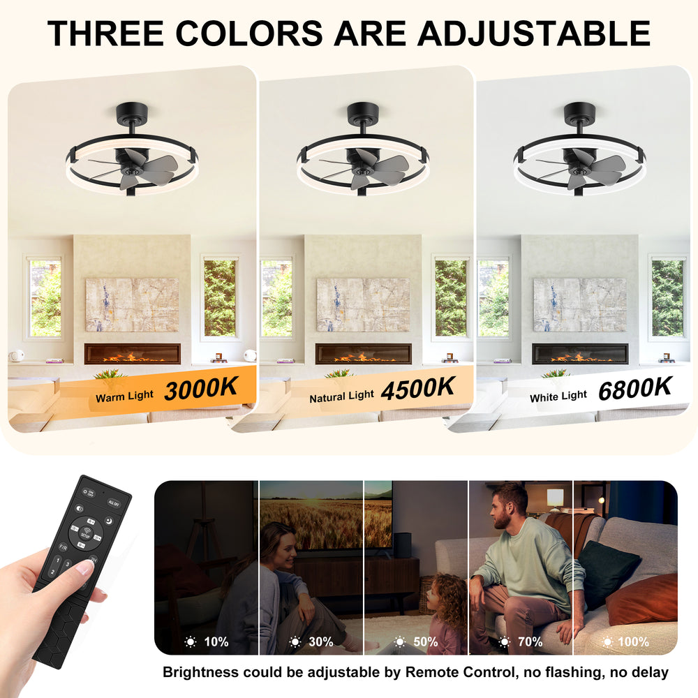 Black Caged Ceiling Fan with LED Light, 20/23 Inch Downrod-Mount Indoor Fan with 6/7 Blades, Quiet DC Motor, Dimmable LED with Memory, Remote Control, Modern Ceiling Fan for Bedroom, Living Room, Kitchen, Dining Room