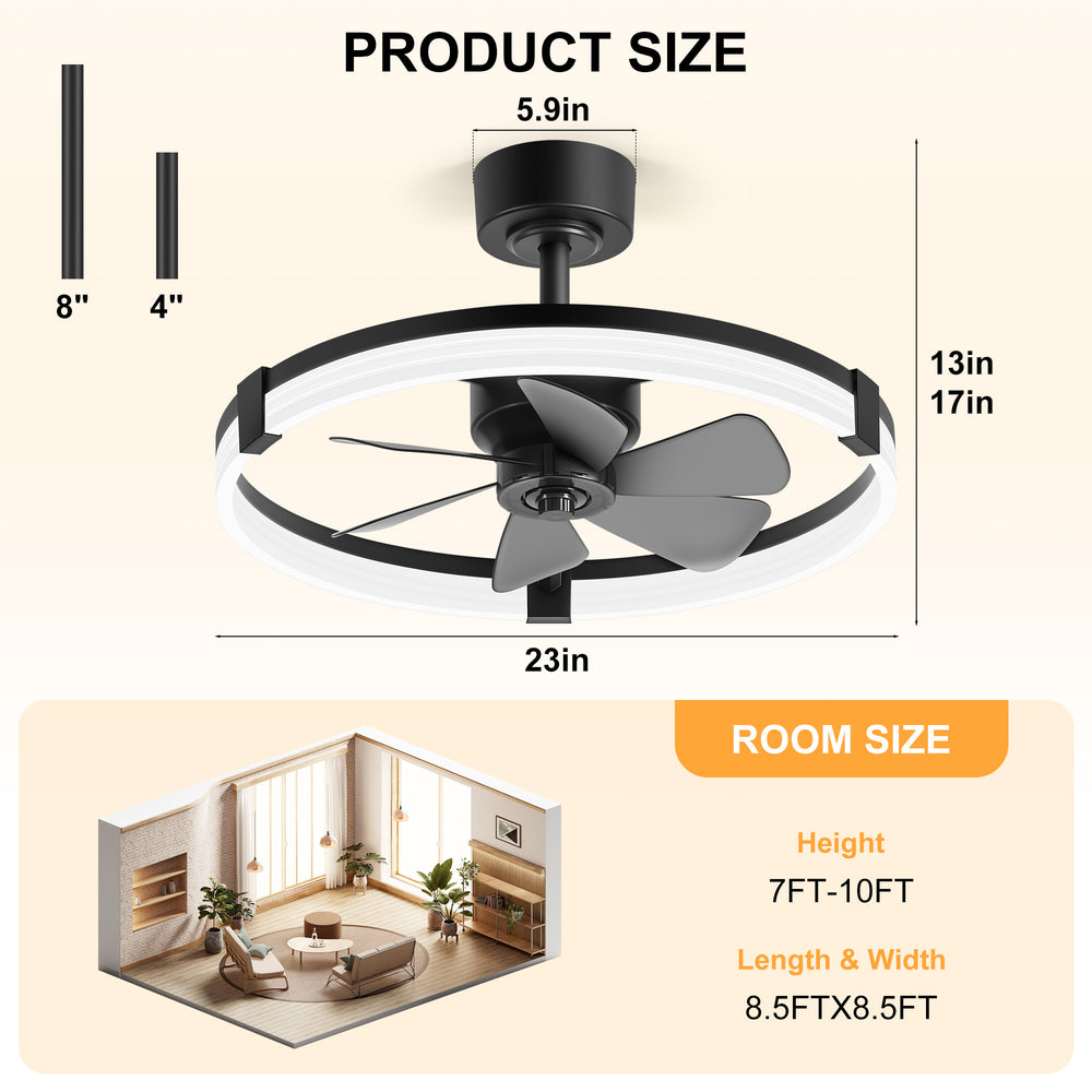 Black Caged Ceiling Fan with LED Light, 20/23 Inch Downrod-Mount Indoor Fan with 6/7 Blades, Quiet DC Motor, Dimmable LED with Memory, Remote Control, Modern Ceiling Fan for Bedroom, Living Room, Kitchen, Dining Room
