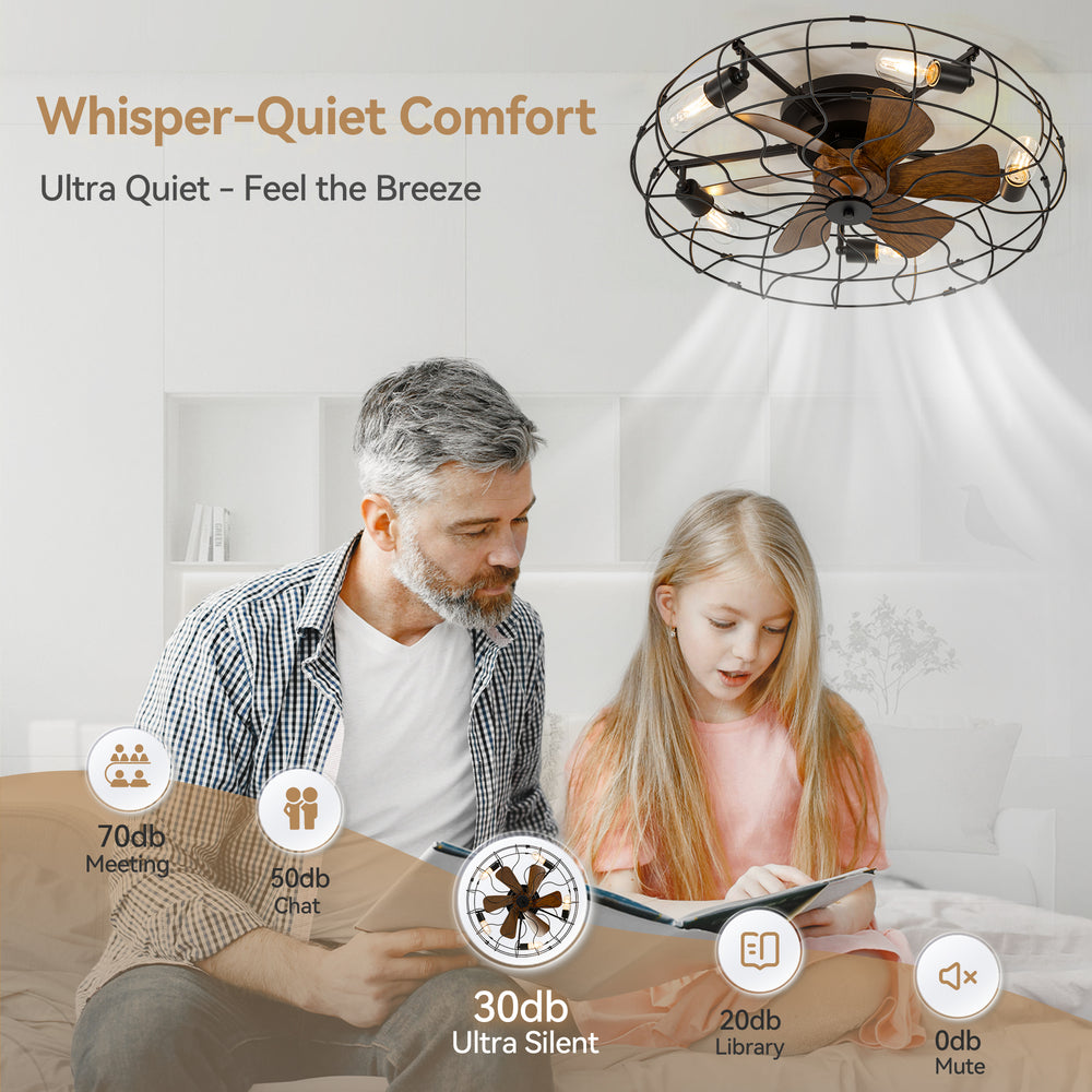 18.5/23.6-inch Caged Ceiling Fan with Light and Remote, Low Profile Flush Mount, Quiet DC Motor, ABS Blades, E26 Bulb Compatible, Industrial Farmhouse Ceiling Fan for Small Spaces