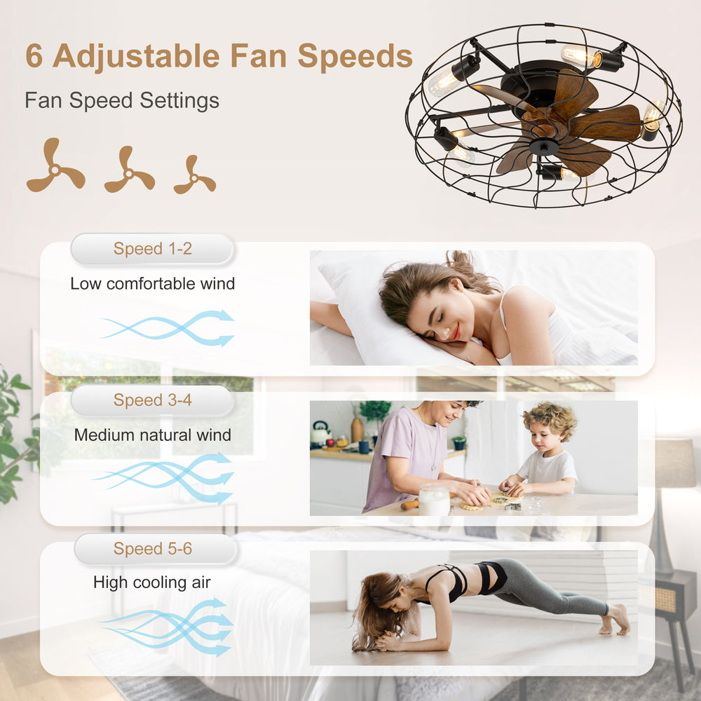 18.5/23.6-inch Caged Ceiling Fan with Light and Remote, Low Profile Flush Mount, Quiet DC Motor, ABS Blades, E26 Bulb Compatible, Industrial Farmhouse Ceiling Fan for Small Spaces