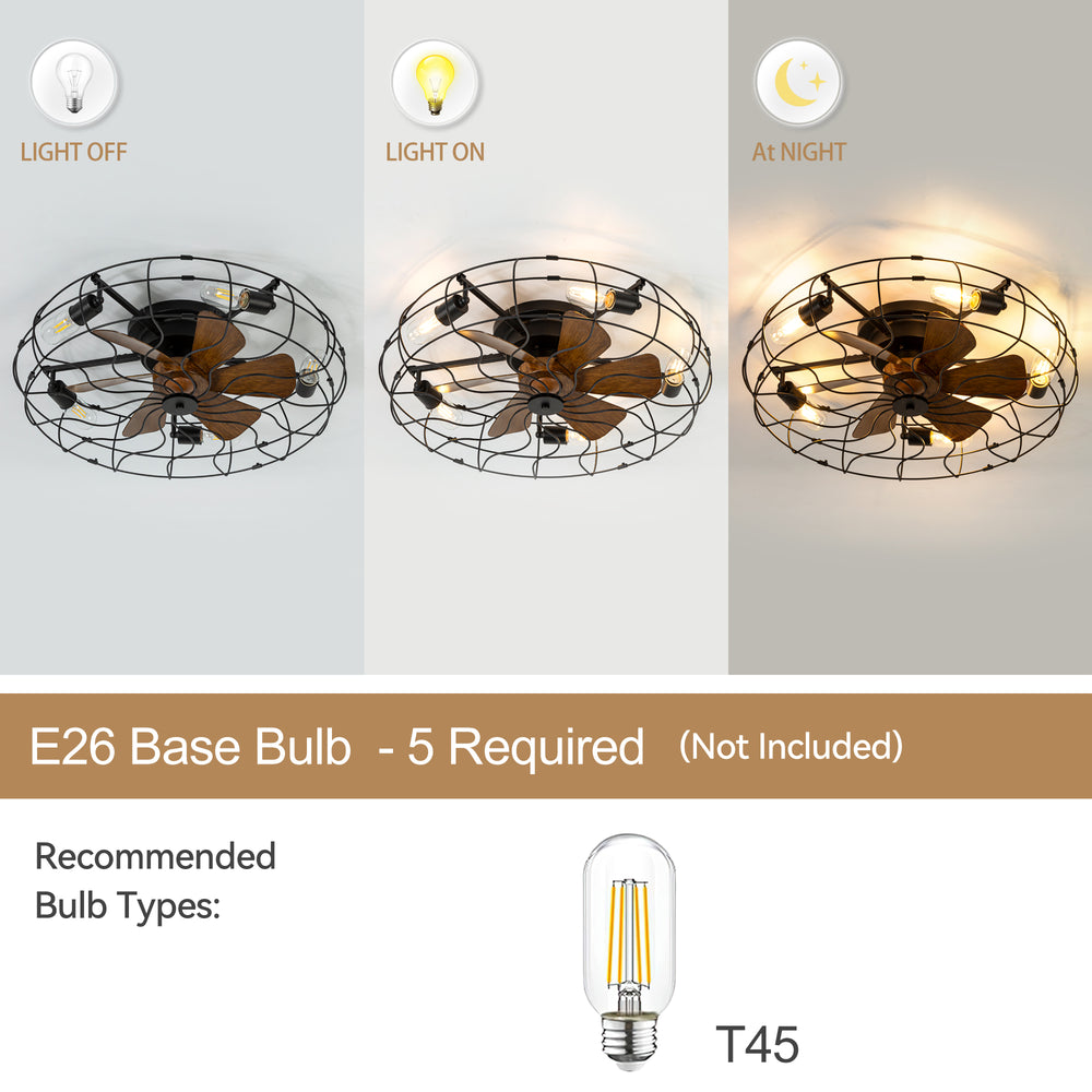 18.5/23.6-inch Caged Ceiling Fan with Light and Remote, Low Profile Flush Mount, Quiet DC Motor, ABS Blades, E26 Bulb Compatible, Industrial Farmhouse Ceiling Fan for Small Spaces