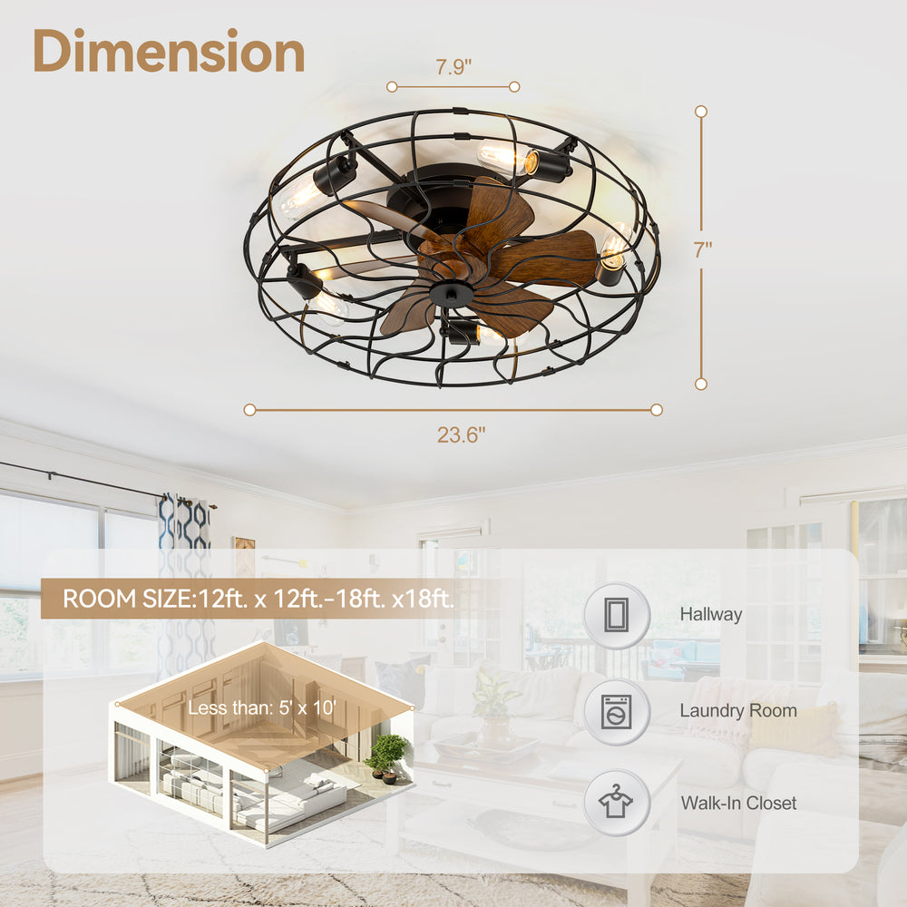 18.5/23.6-inch Caged Ceiling Fan with Light and Remote, Low Profile Flush Mount, Quiet DC Motor, ABS Blades, E26 Bulb Compatible, Industrial Farmhouse Ceiling Fan for Small Spaces