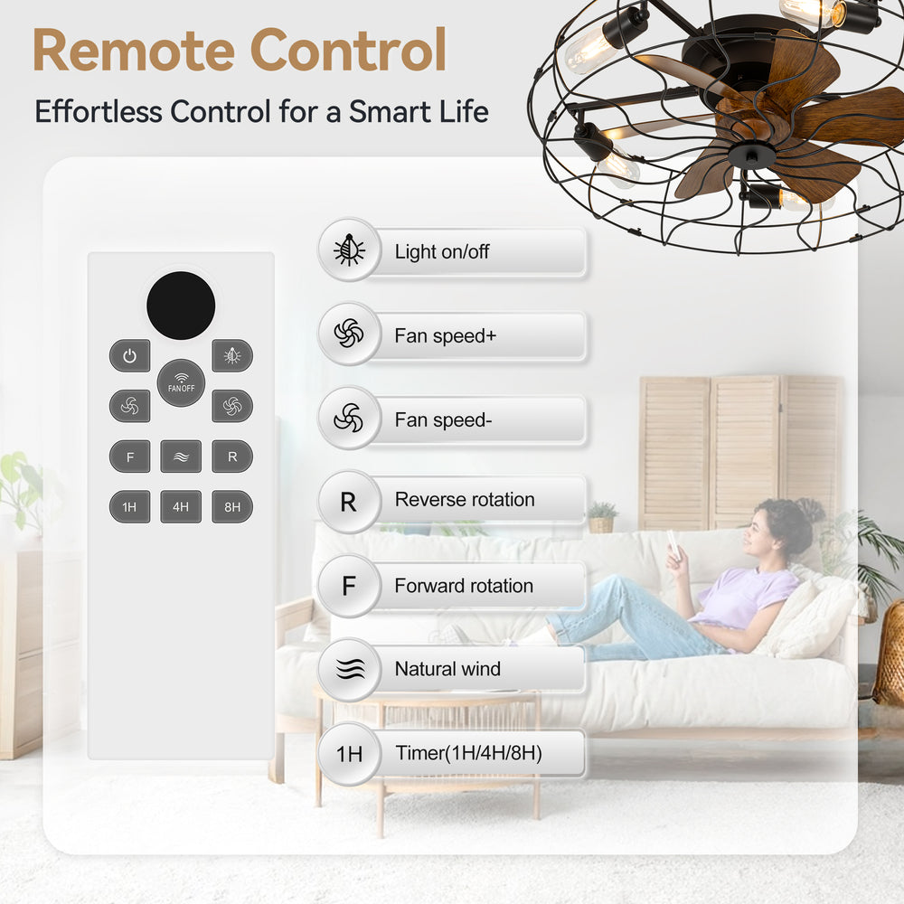 18.5/23.6-inch Caged Ceiling Fan with Light and Remote, Low Profile Flush Mount, Quiet DC Motor, ABS Blades, E26 Bulb Compatible, Industrial Farmhouse Ceiling Fan for Small Spaces