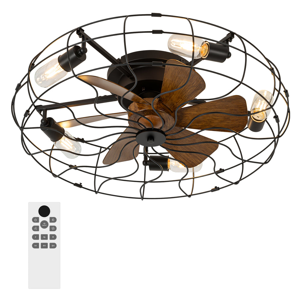 18.5/23.6-inch Caged Ceiling Fan with Light and Remote, Low Profile Flush Mount, Quiet DC Motor, ABS Blades, E26 Bulb Compatible, Industrial Farmhouse Ceiling Fan for Small Spaces