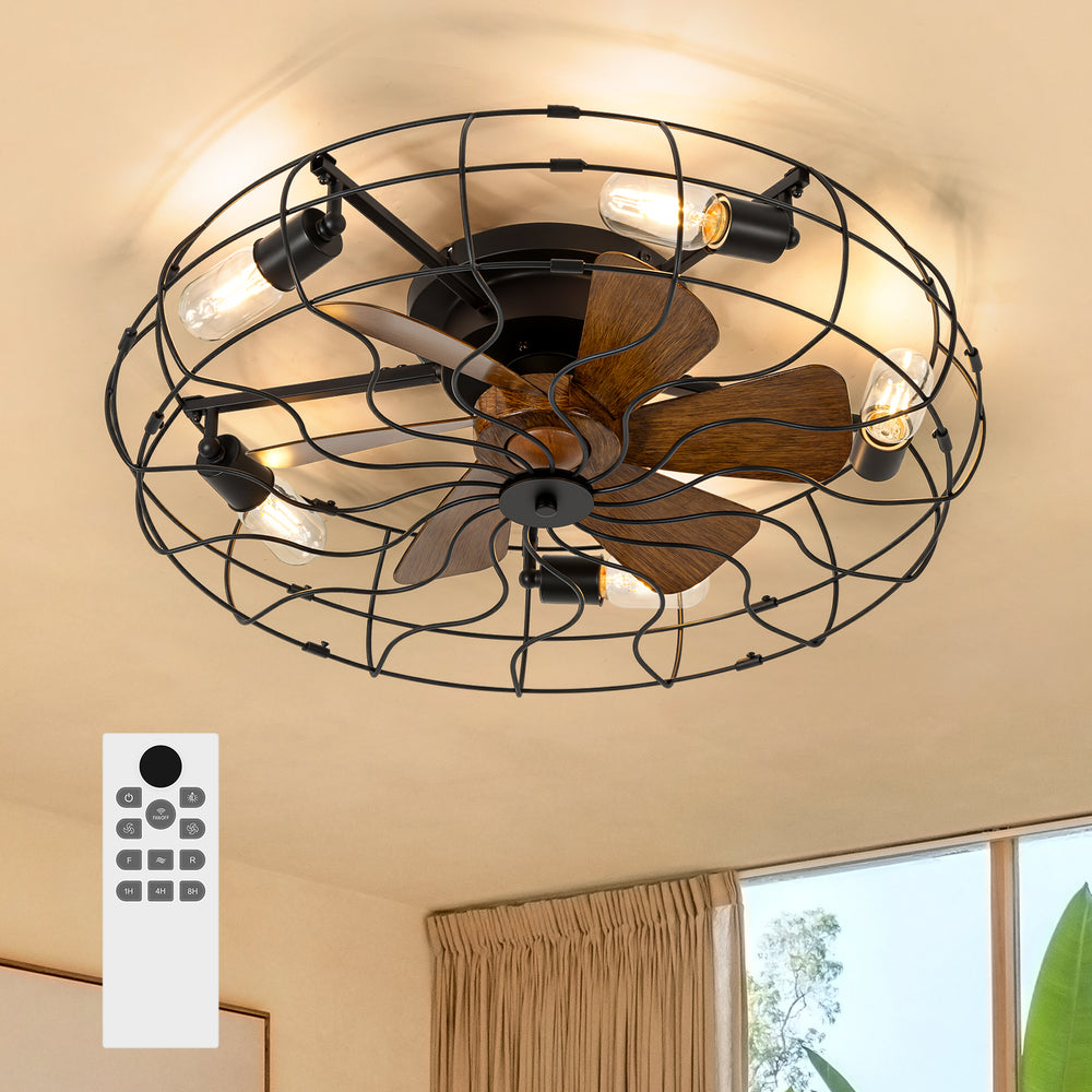 18.5/23.6-inch Caged Ceiling Fan with Light and Remote, Low Profile Flush Mount, Quiet DC Motor, ABS Blades, E26 Bulb Compatible, Industrial Farmhouse Ceiling Fan for Small Spaces