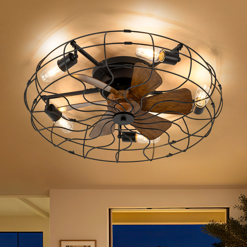 18.5/23.6-inch Caged Ceiling Fan with Light and Remote, Low Profile Flush Mount, Quiet DC Motor, ABS Blades, E26 Bulb Compatible, Industrial Farmhouse Ceiling Fan for Small Spaces