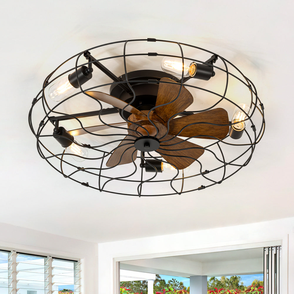 18.5/23.6-inch Caged Ceiling Fan with Light and Remote, Low Profile Flush Mount, Quiet DC Motor, ABS Blades, E26 Bulb Compatible, Industrial Farmhouse Ceiling Fan for Small Spaces