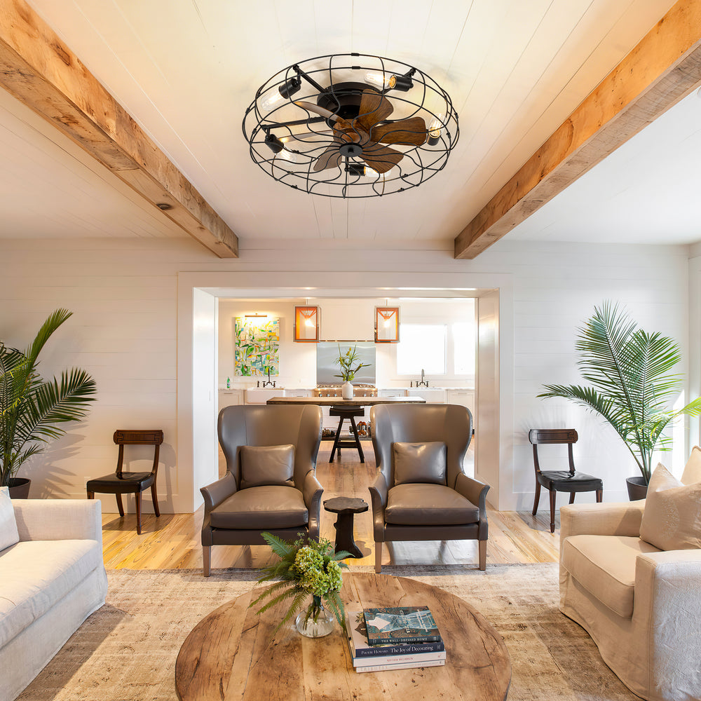 18.5/23.6-inch Caged Ceiling Fan with Light and Remote, Low Profile Flush Mount, Quiet DC Motor, ABS Blades, E26 Bulb Compatible, Industrial Farmhouse Ceiling Fan for Small Spaces