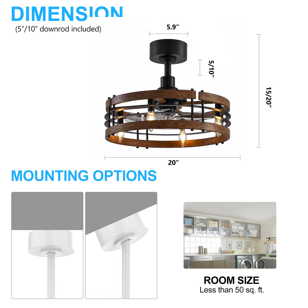 20-in Caged Ceiling Fan with Light, Bladeless Industrial Ceiling Fan with Remote, Vintage Rustic Fan Lights Ceiling Fixtures for Kitchen, Farmhouse, Bedroom,6 Speed,2/4/8h Timing
