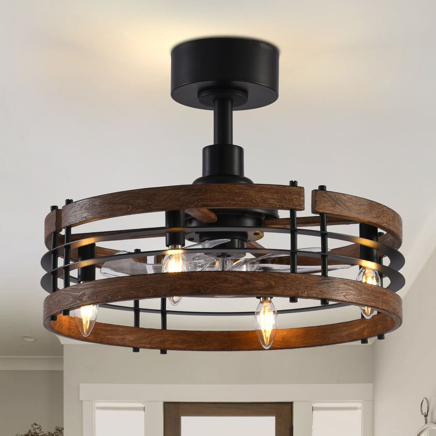 20-in Caged Ceiling Fan with Light, Bladeless Industrial Ceiling Fan with Remote, Vintage Rustic Fan Lights Ceiling Fixtures for Kitchen, Farmhouse, Bedroom,6 Speed,2/4/8h Timing