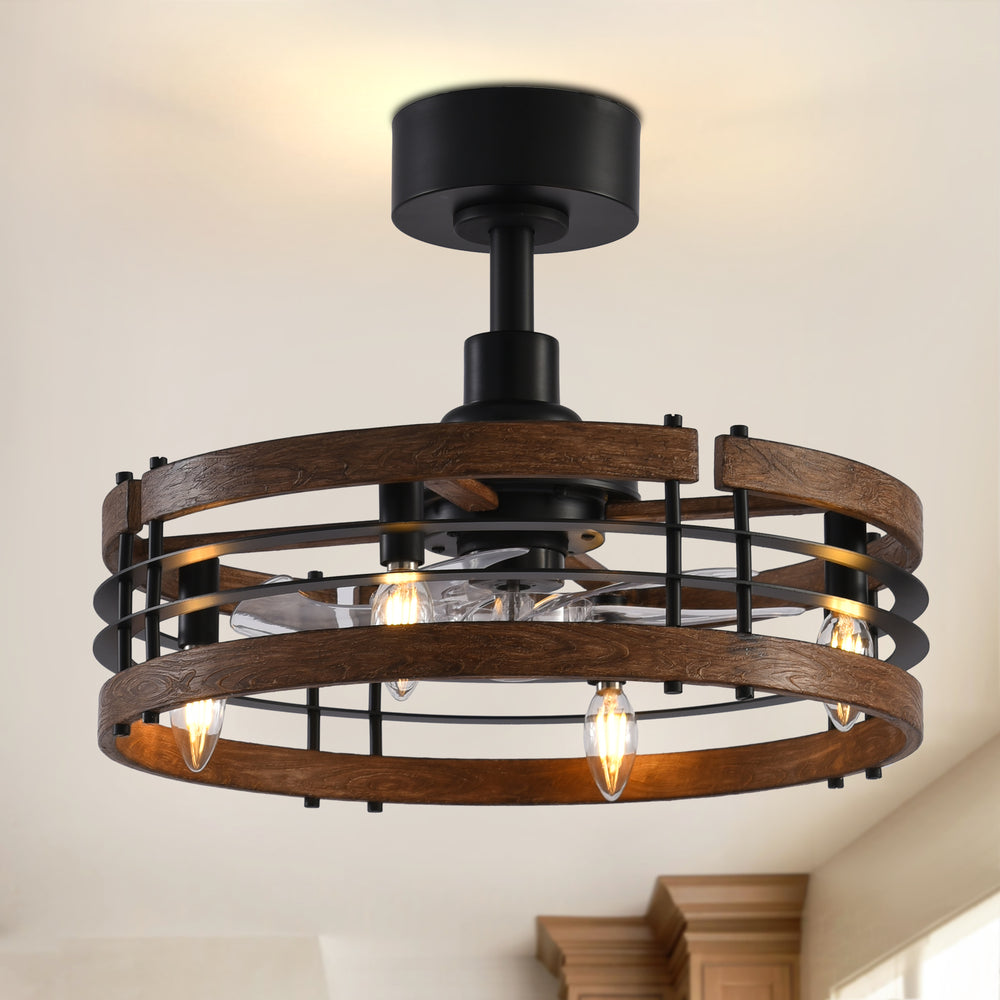 20-in Caged Ceiling Fan with Light, Bladeless Industrial Ceiling Fan with Remote, Vintage Rustic Fan Lights Ceiling Fixtures for Kitchen, Farmhouse, Bedroom,6 Speed,2/4/8h Timing