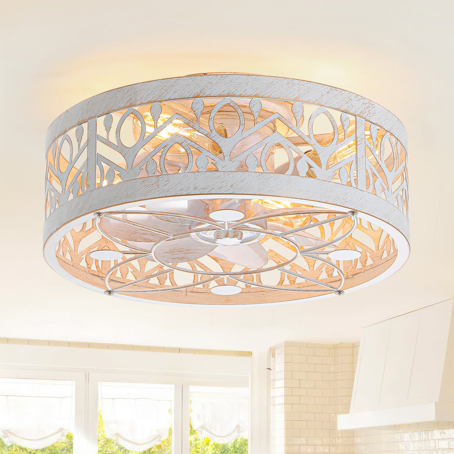 Arachne 16.5-inch vintage white flush mount ceiling fan with light, decorative leaf-patterned frame and enclosed fan blades.