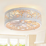 Arachne 16.5-inch vintage white flush mount ceiling fan with light, decorative leaf-patterned frame and enclosed fan blades.