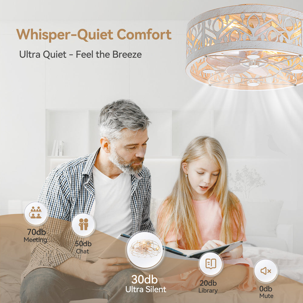 16.5" Vintage Distressed White Low Profile Fandelier Caged Ceiling Fan with Light & Remote, 7 ABS Blades, DC Motor, Compatible with 4*E26  Base Bulb(Not Included), Detachable Bottom Cover for Easy Cleaning