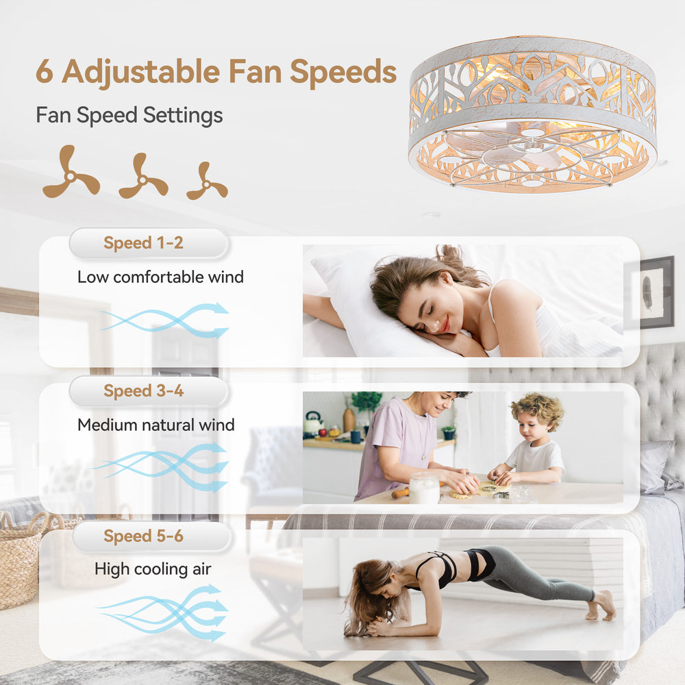 16.5" Vintage Distressed White Low Profile Fandelier Caged Ceiling Fan with Light & Remote, 7 ABS Blades, DC Motor, Compatible with 4*E26  Base Bulb(Not Included), Detachable Bottom Cover for Easy Cleaning