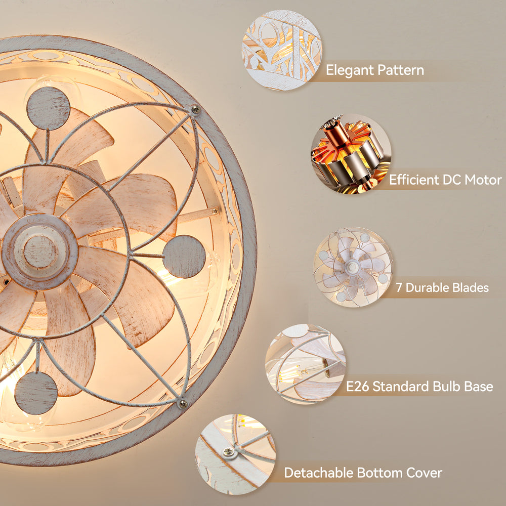 16.5" Vintage Distressed White Low Profile Fandelier Caged Ceiling Fan with Light & Remote, 7 ABS Blades, DC Motor, Compatible with 4*E26  Base Bulb(Not Included), Detachable Bottom Cover for Easy Cleaning