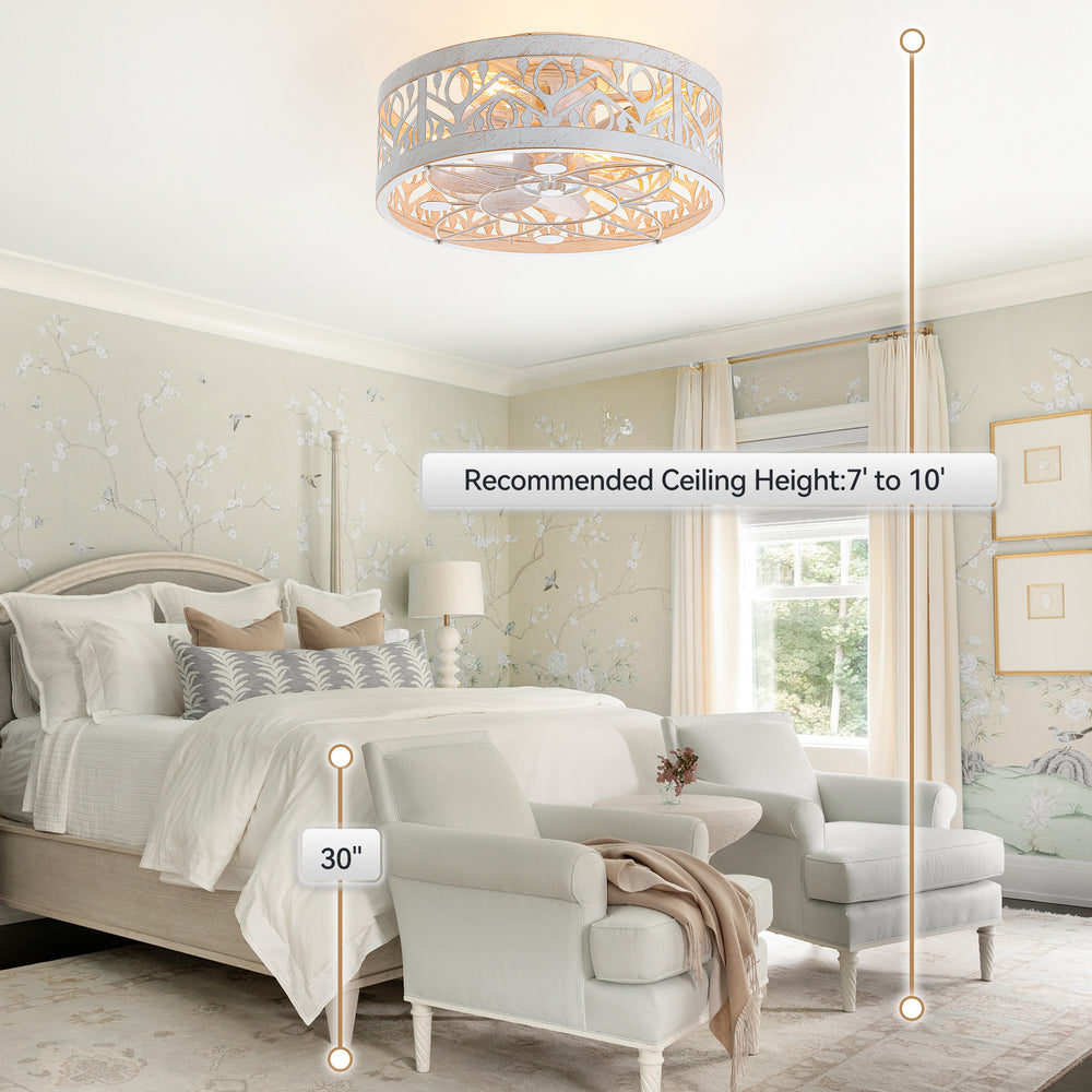 16.5" Vintage Distressed White Low Profile Fandelier Caged Ceiling Fan with Light & Remote, 7 ABS Blades, DC Motor, Compatible with 4*E26  Base Bulb(Not Included), Detachable Bottom Cover for Easy Cleaning
