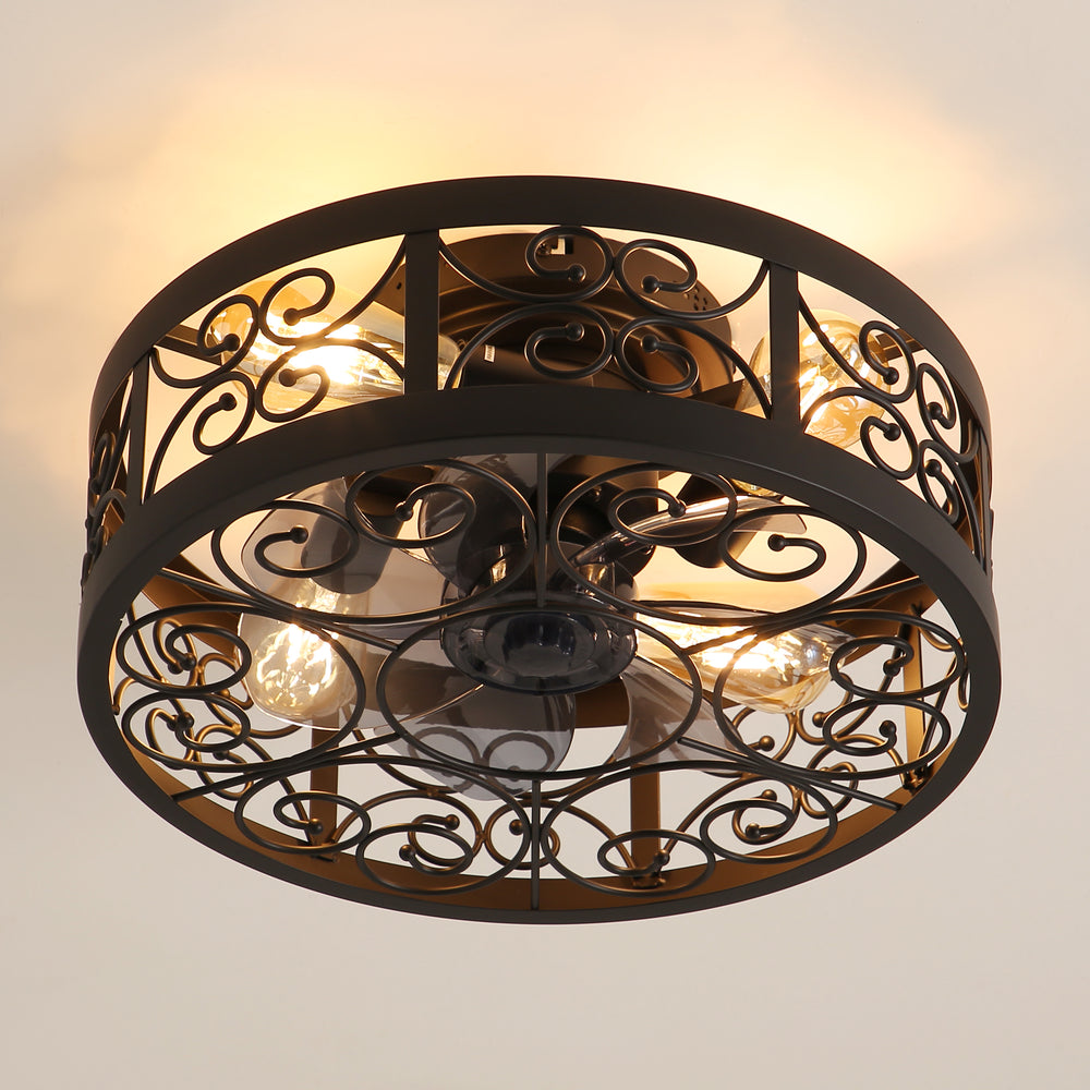 Caged Ceiling Fan 16.5 Inch Farmhouse Ceiling Fan With Remote Retro Small Ceiling Fan With Light Flush-Mount, Low-Profile Ceiling Fan With Light Black