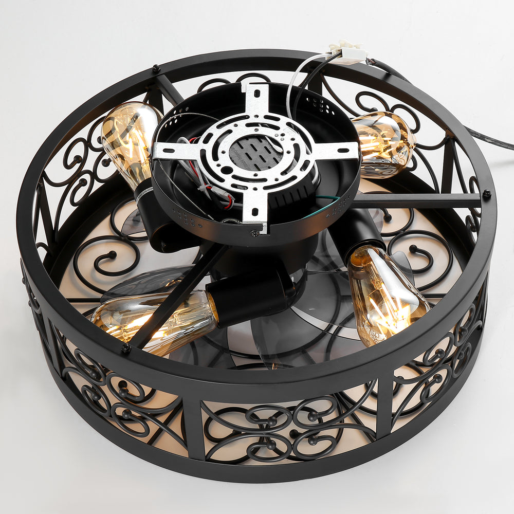 Caged Ceiling Fan 16.5 Inch Farmhouse Ceiling Fan With Remote Retro Small Ceiling Fan With Light Flush-Mount, Low-Profile Ceiling Fan With Light Black