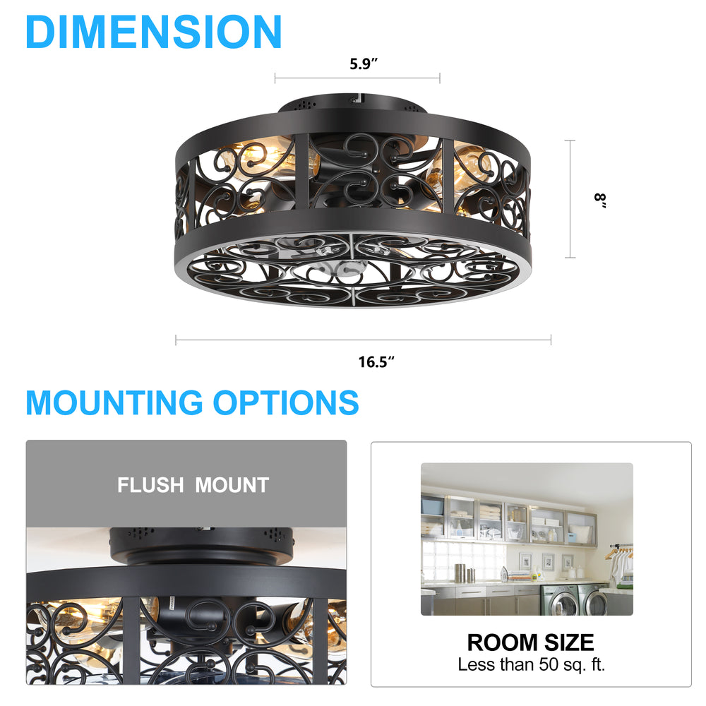 Caged Ceiling Fan 16.5 Inch Farmhouse Ceiling Fan With Remote Retro Small Ceiling Fan With Light Flush-Mount, Low-Profile Ceiling Fan With Light Black