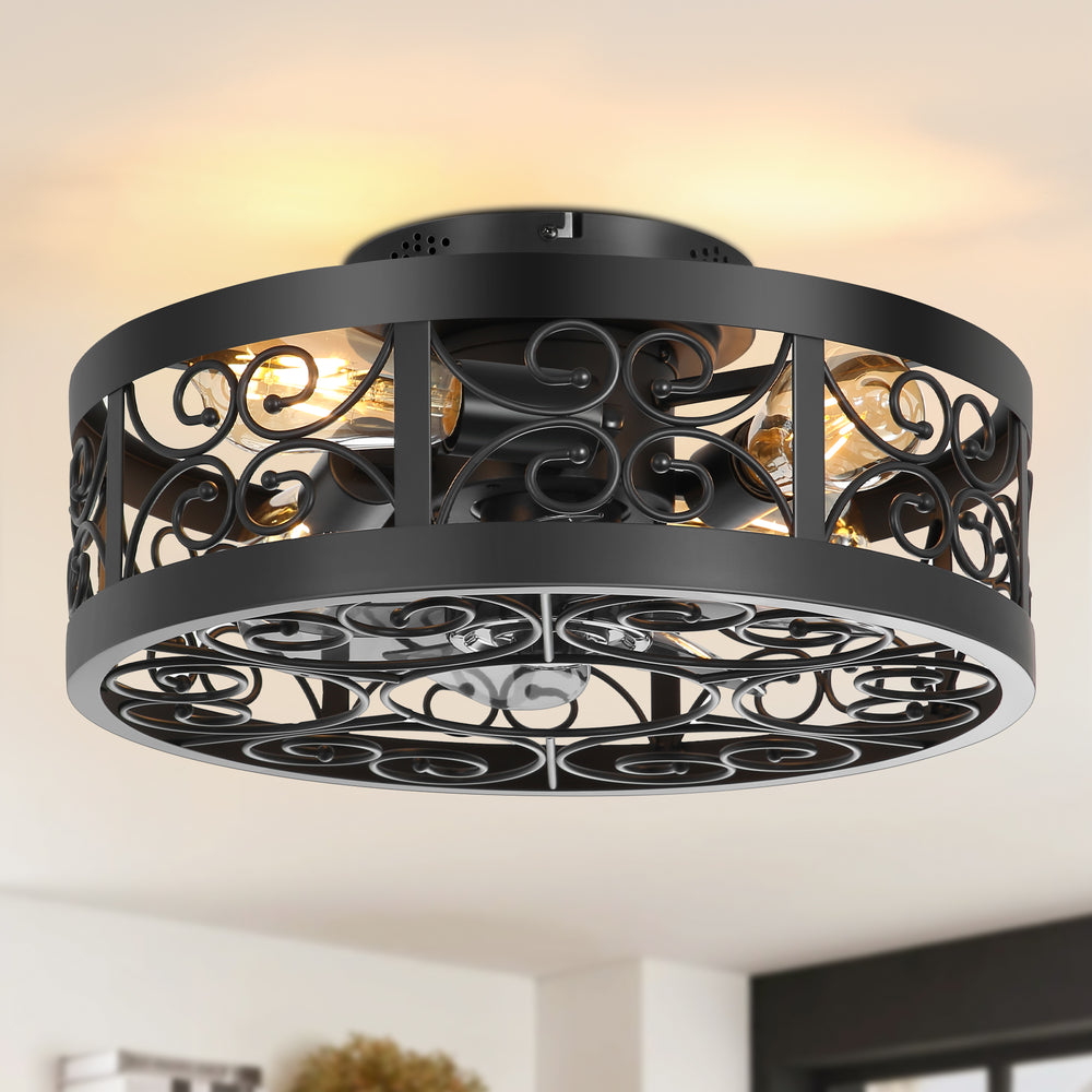 Caged Ceiling Fan 16.5 Inch Farmhouse Ceiling Fan With Remote Retro Small Ceiling Fan With Light Flush-Mount, Low-Profile Ceiling Fan With Light Black